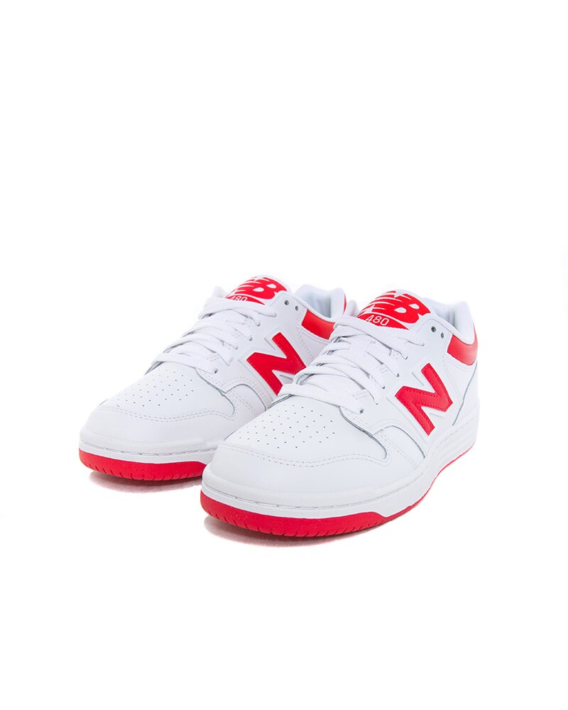 Zapatillas New Balance 480 en Blanco con el logo NB en Rojo y la puntera Gris frontal