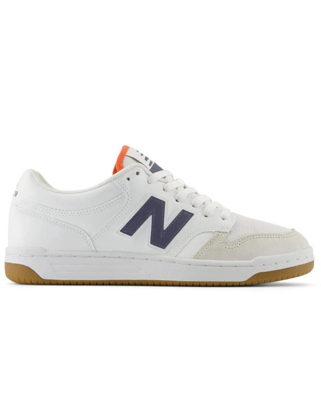 Zapatillas New Balance 480 Leather Mesh BB480LFD en Blanco con el logo Azul Marino y la puntera Gris