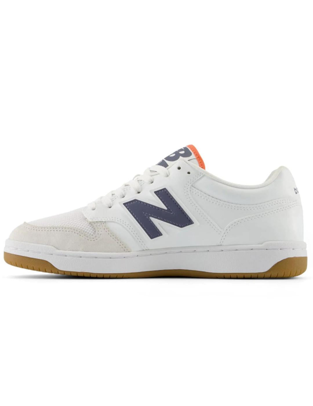 Zapatillas New Balance 480 Leather Mesh BB480LFD en Blanco con el logo Azul Marino y la puntera Gris