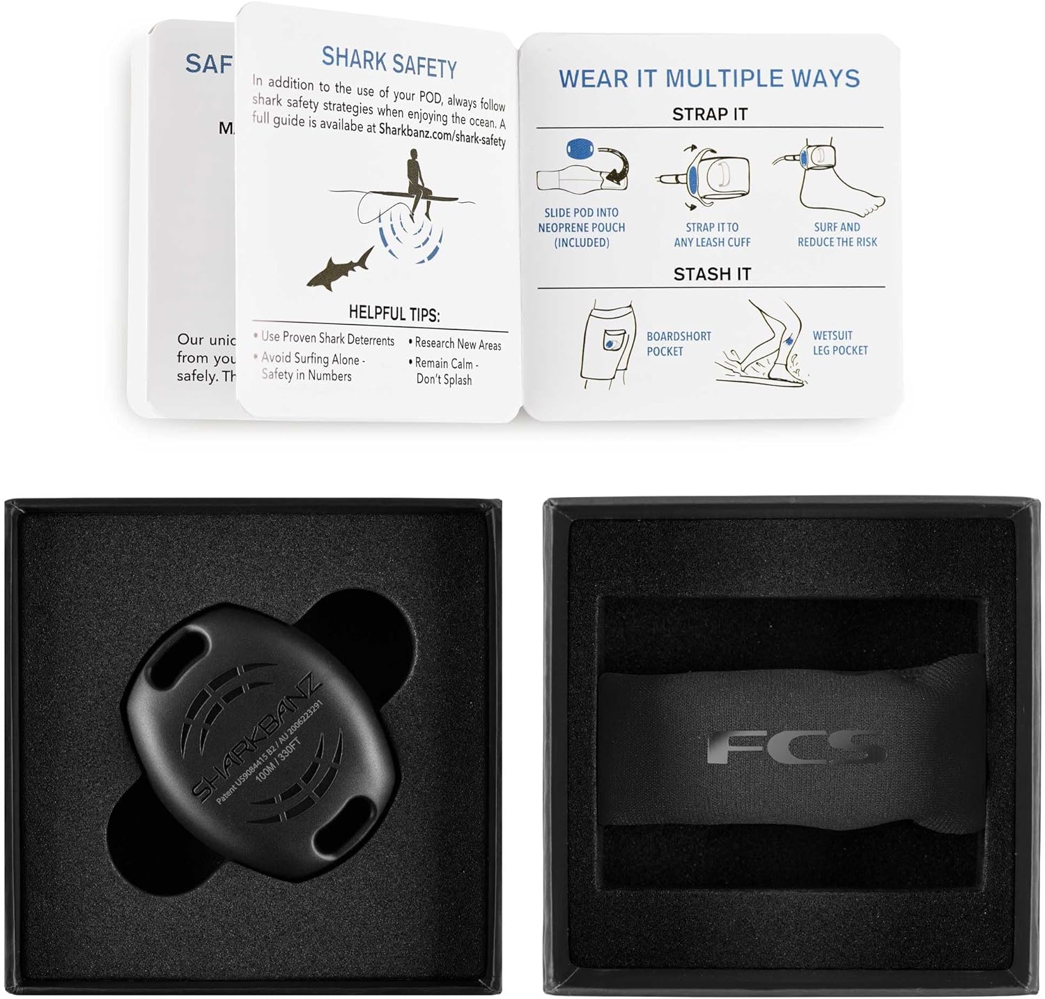 Instrucciones de uso y caja de transporte del dispositivo Anti Tiburones FCS Pod X Sharkbanz