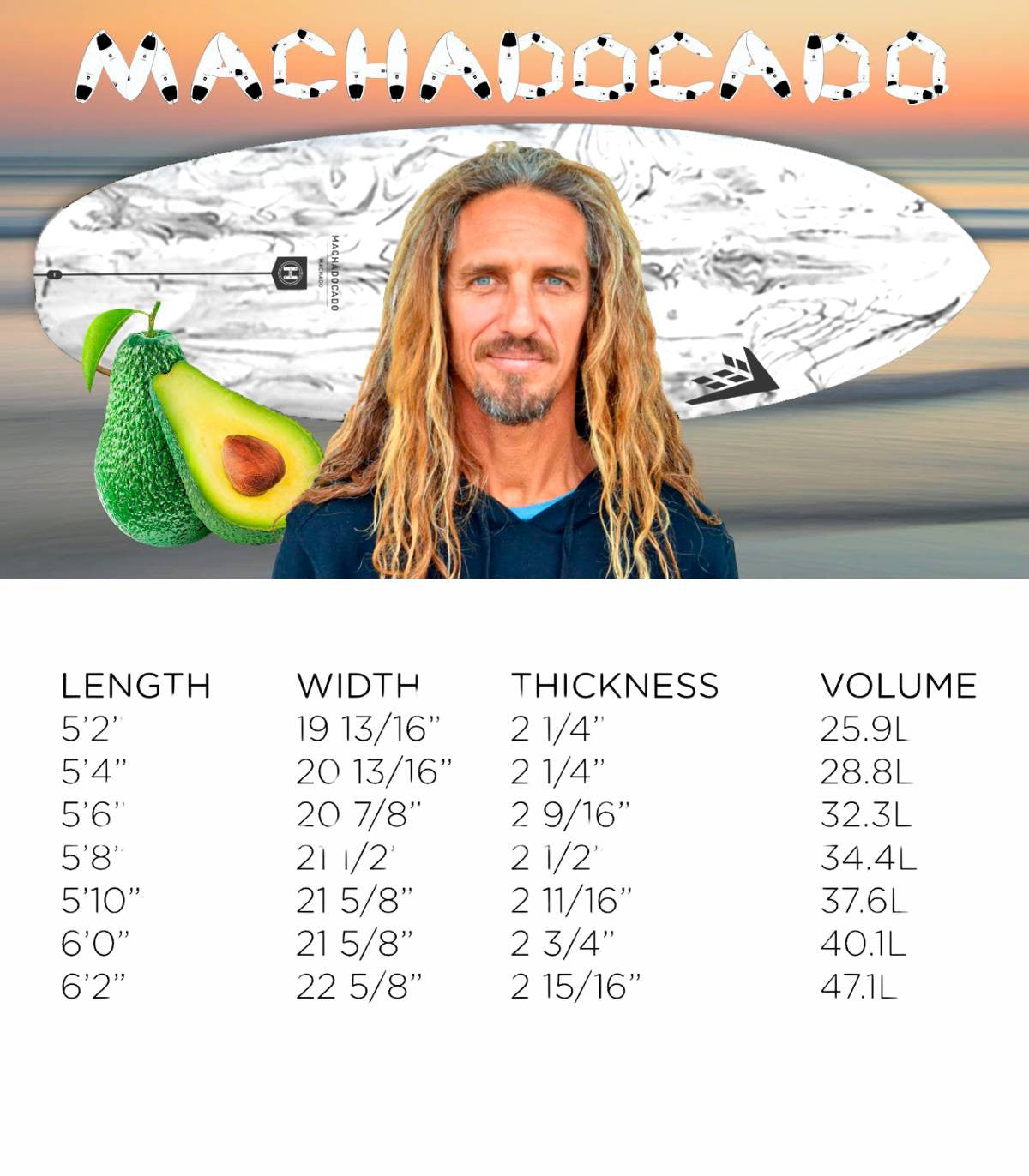 Rob Machado muestra la tabla de medidas de la Tabla de surf Firewire Machado Cado Helium en Grey Swirl con resina tintada