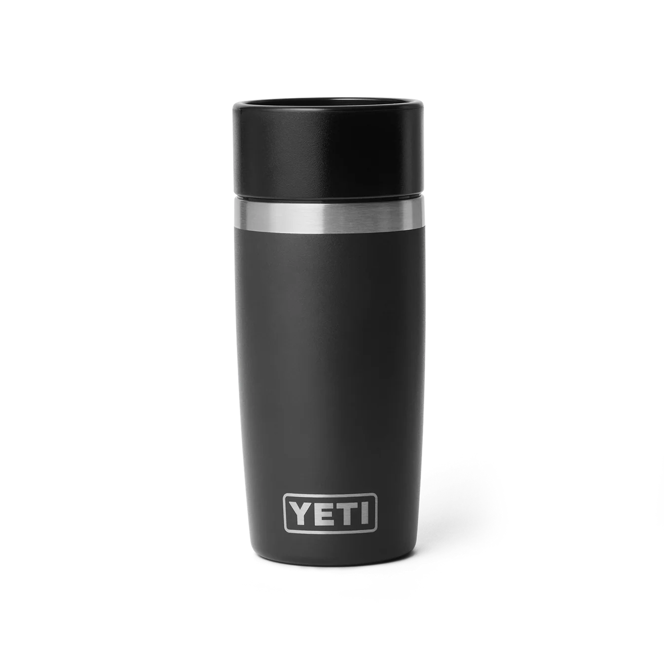 YETI Rambler 12 oz Travel Bottle color Black negro vista frontal con tapa térmica aislada.