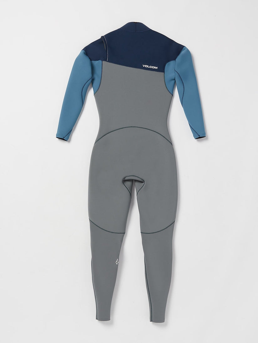 Vista trasera del traje de neopreno VOLCOM 4/3MM Chest Zip Fullsuit en color Cruzer Blue, destacando el diseño ergonómico y el logo Volcom en la parte superior.