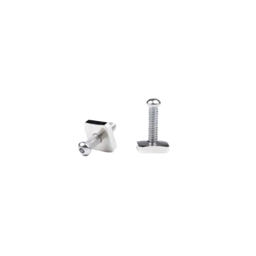 Tornillo allen Deflow Range para quilla de longboard en acero inoxidable, vista de tornillo y placa de sujeción para cajetín US Box sobre fondo blanco.