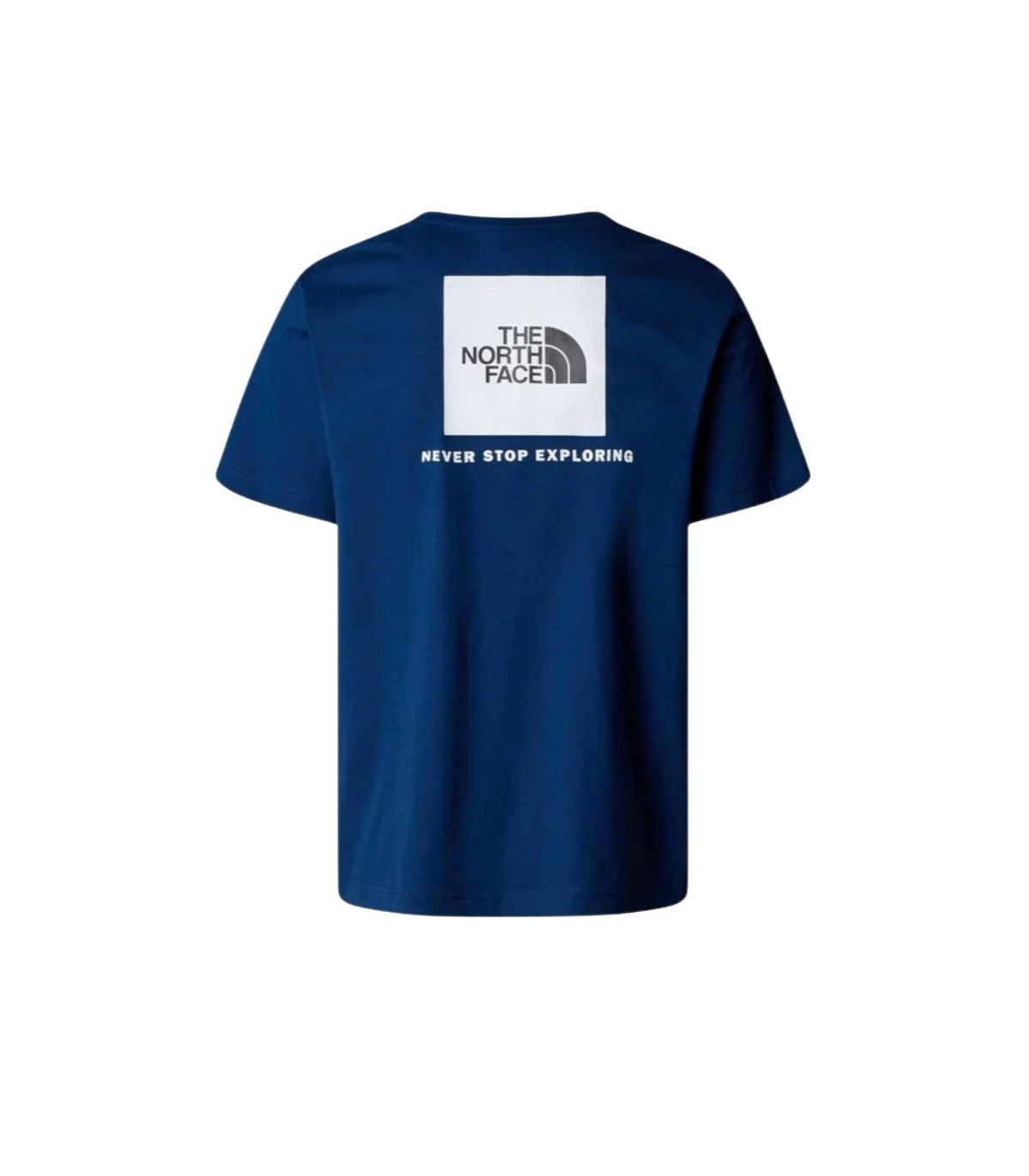 Camiseta the north face azul con logo blanco, imágen por atrás.