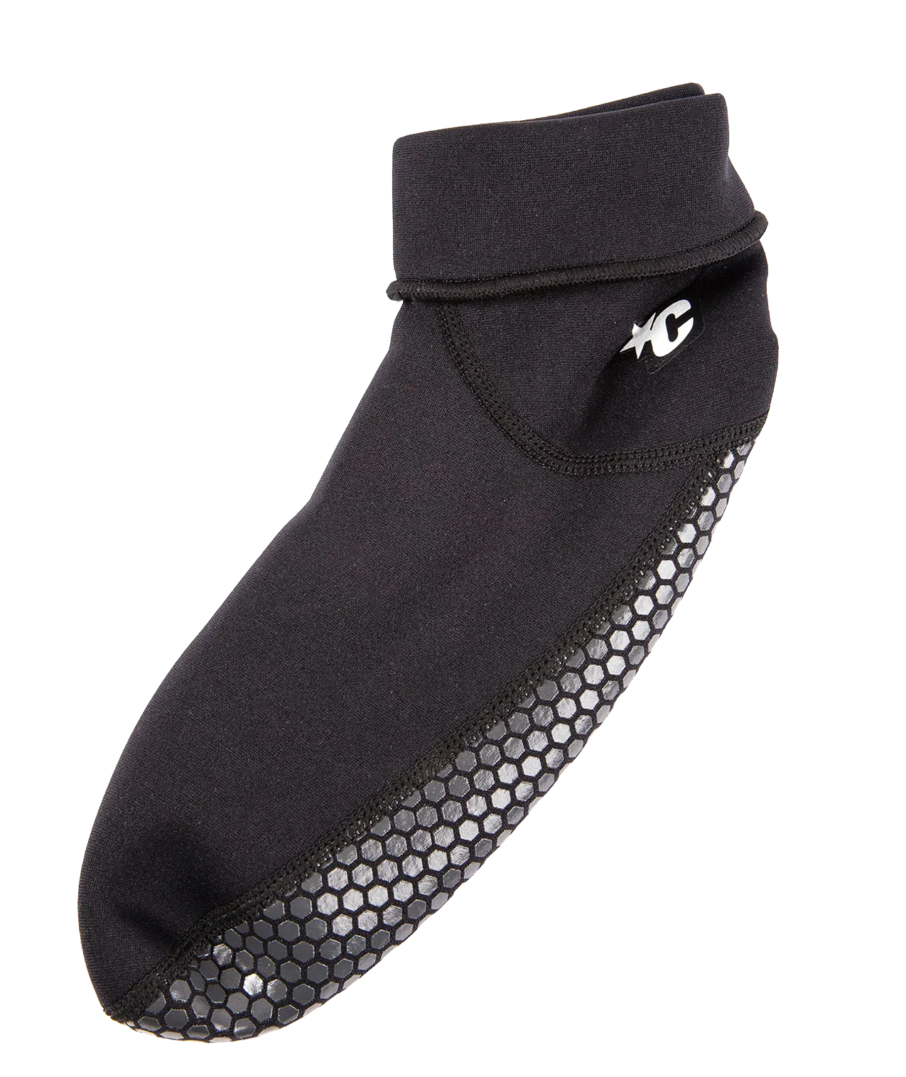 Calcetines neopreno aletas Creatures Neo Fin Sox Hi Cut negro en packaging Creatures of Leisure Bodyboarding con sello 100% reciclable y suela hexagonal gris.