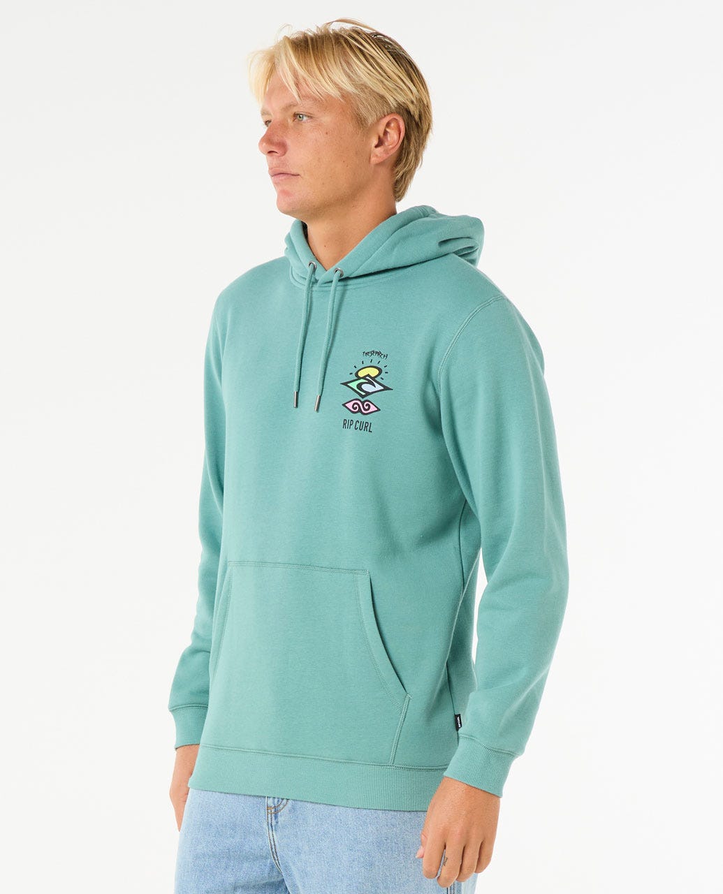 Sudadera Rip Curl Search Icon Hood verde – Vista frontal con capucha, bolsillo canguro y logo estampado en el pecho