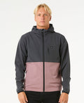 Chaqueta Rip Curl Elite Anti-Series para hombre, color gris y rosa, frontal con capucha ajustable y cremallera completa