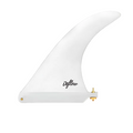 Quilla single fin Deflow Cream blanca para longboard, vista lateral sobre fondo gris con base US Box, tornillo dorado incluido y logo Deflow en cursiva.