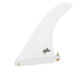 Quilla single fin Deflow Cream blanca para longboard, vista lateral sobre fondo blanco con base US Box, tornillo dorado y laminado de fibra de vidrio.