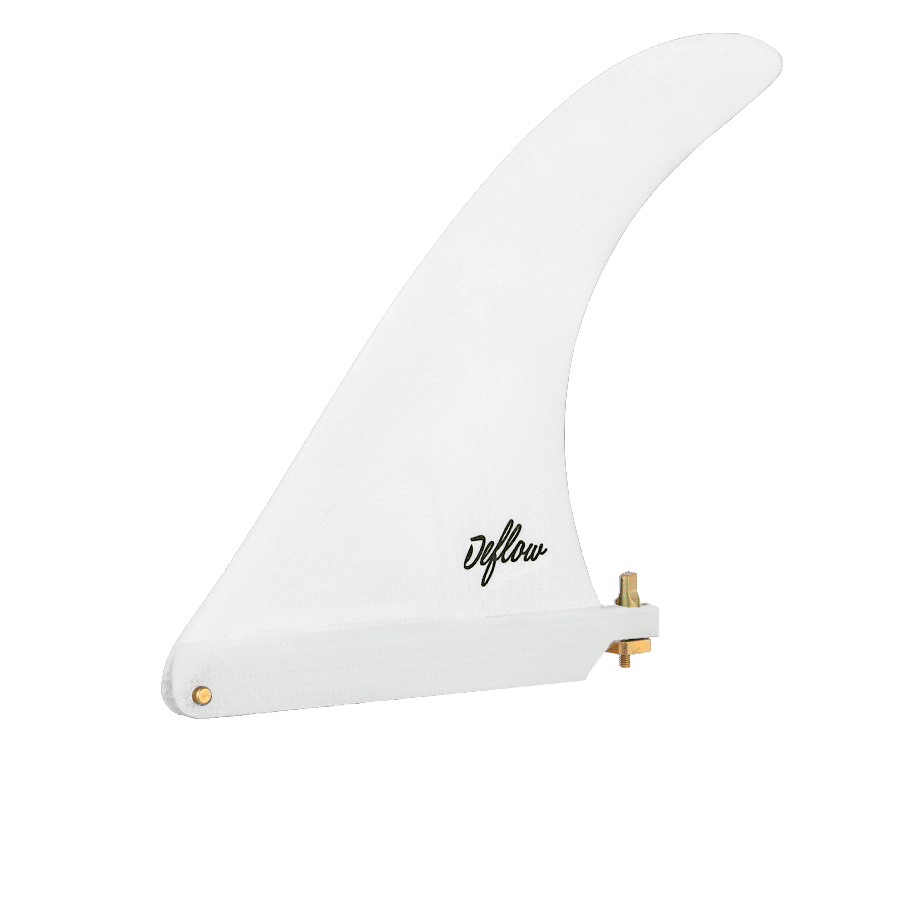 Quilla single fin Deflow Cream blanca para longboard, vista lateral sobre fondo blanco con base US Box, tornillo dorado y laminado de fibra de vidrio.