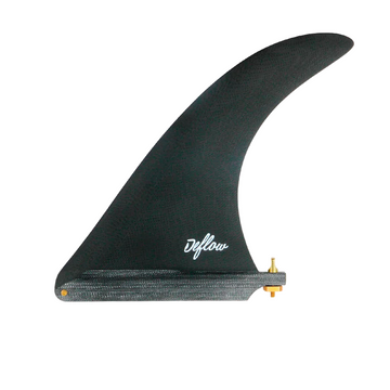 Quilla single fin Deflow Cream negra para longboard, vista lateral sobre fondo gris con base US Box, tornillo dorado incluido y logo Deflow en cursiva blanca.