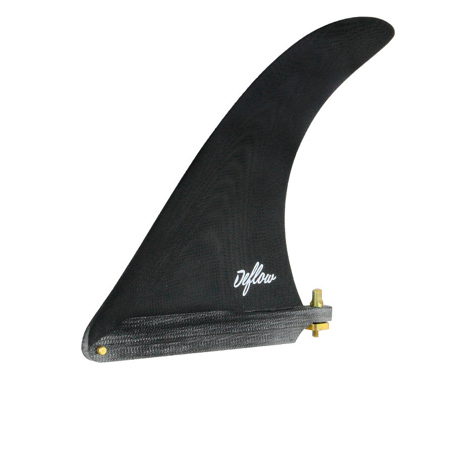 Quilla single fin Deflow Cream negra para longboard, vista lateral sobre fondo blanco con base US Box, tornillo dorado y laminado de fibra de vidrio visible.