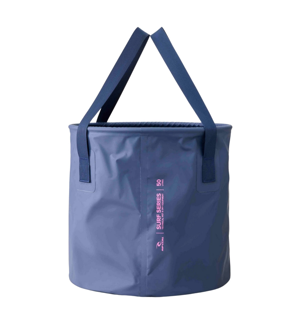 Vista trasera Cubo impermeable Rip Curl Surf Series 50L Bucket en color negro con asas de transporte reforzadas y logotipo frontal, ideal para transportar material de surf.