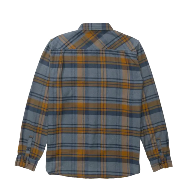 Daybrak flannel, Camisa Salty Crew de franela de cuadros. Color Washed Green. Vista posterios. Botones en puños.