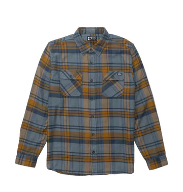 Daybrak flannel, Camisa Salty Crew de franela de cuadros. Color Washed Green. Vista frontal con bolsillos  