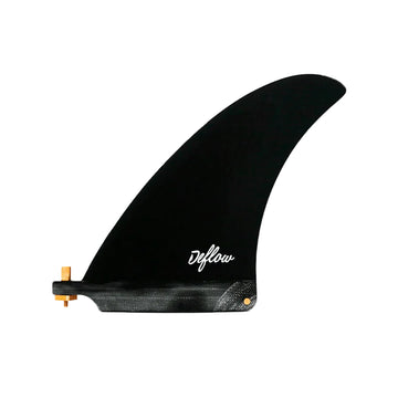 Quilla single fin Deflow Bonzer 6,5" negra en fibra de vidrio, vista lateral con base US Box y tornillo dorado incluido, logo Deflow en cursiva blanca.