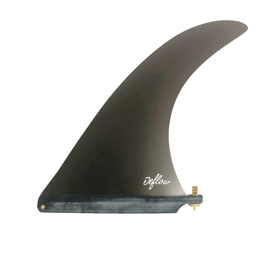 Quilla single fin Deflow Cream gris para longboard, vista lateral sobre fondo gris con base US Box, tornillo dorado incluido y logo Deflow en cursiva blanca.