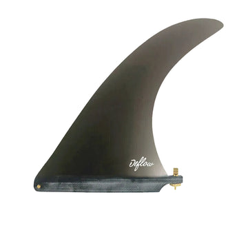 Quilla single fin Deflow Cream gris para longboard, vista lateral sobre fondo gris con base US Box, tornillo dorado incluido y logo Deflow en cursiva blanca.