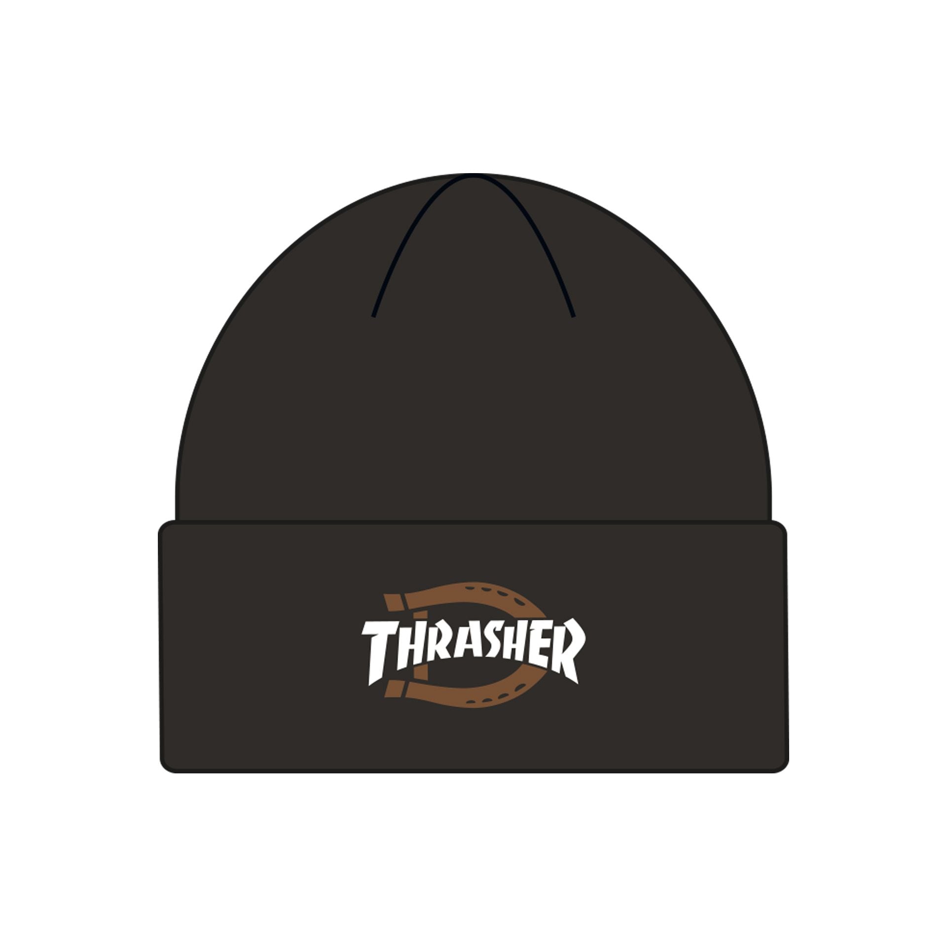 Gorro negro Dickies x Thrasher Beanie con logo bordado en la parte frontal.