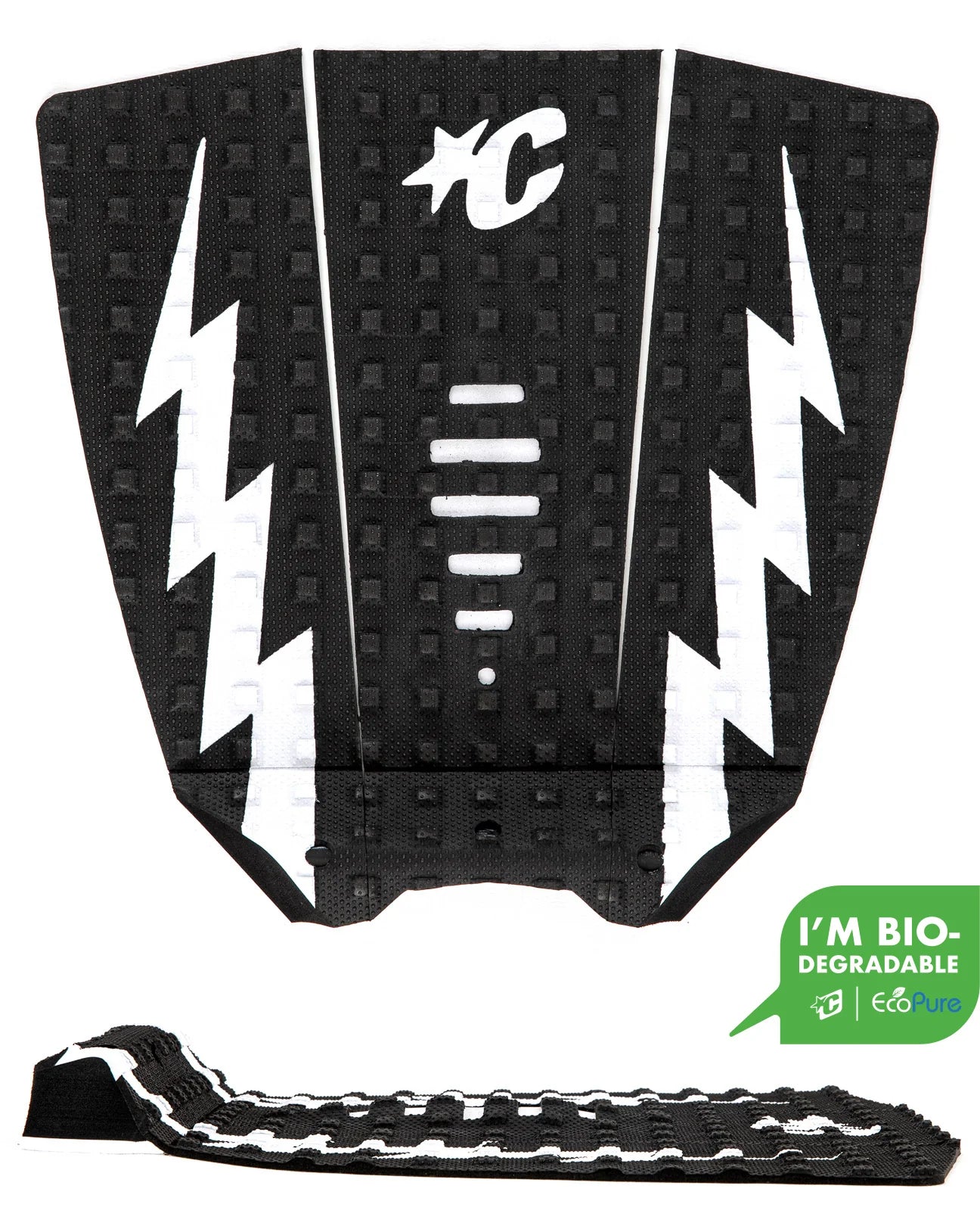 Grip de surf Creatures Mick Eugene Fanning Signature black white: 3 piezas negras con rayos blancos, patrón Square Loc Thermo-Lite, Alpine Kick negro y sello EcoPure biodegradable.