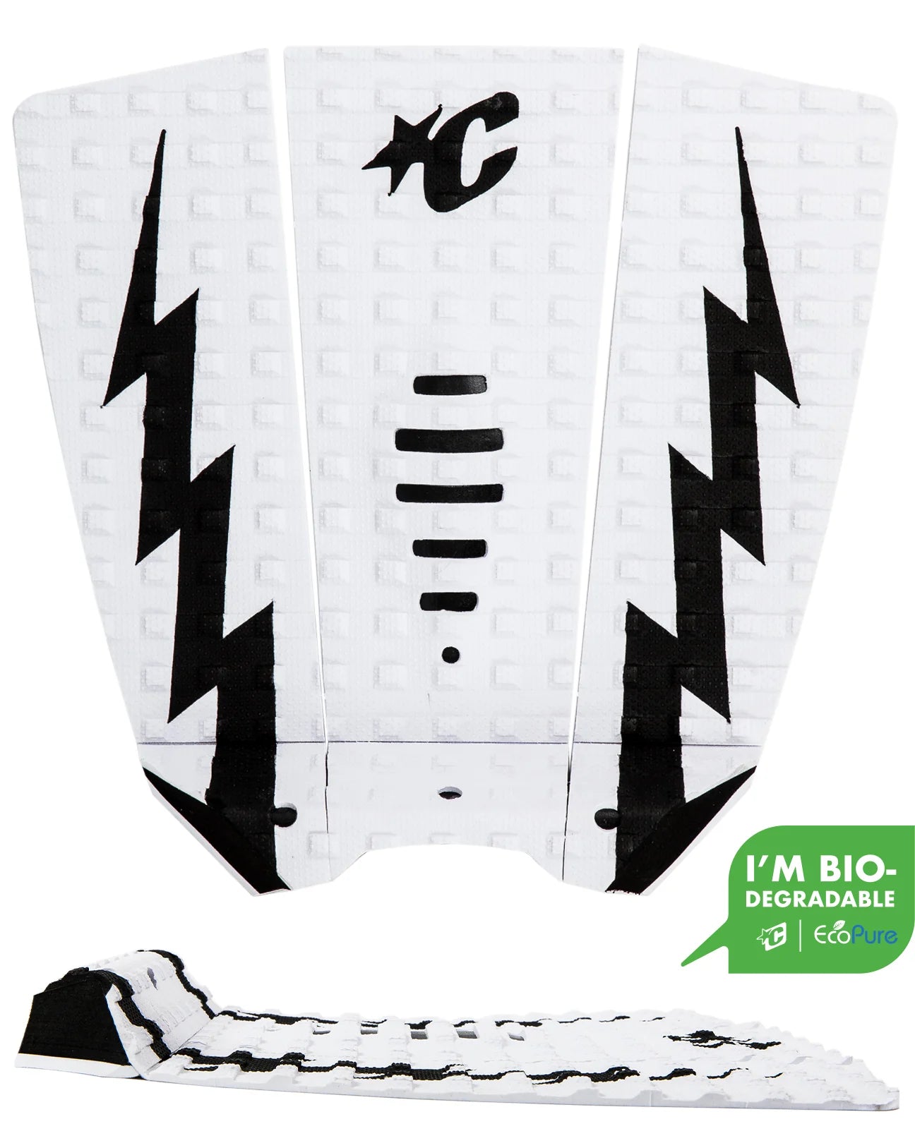 Grip de surf Creatures Mick Eugene Fanning Signature white black: 3 piezas blancas con rayos negros, patrón Square Loc Thermo-Lite, Alpine Kick negro y sello EcoPure biodegradable.