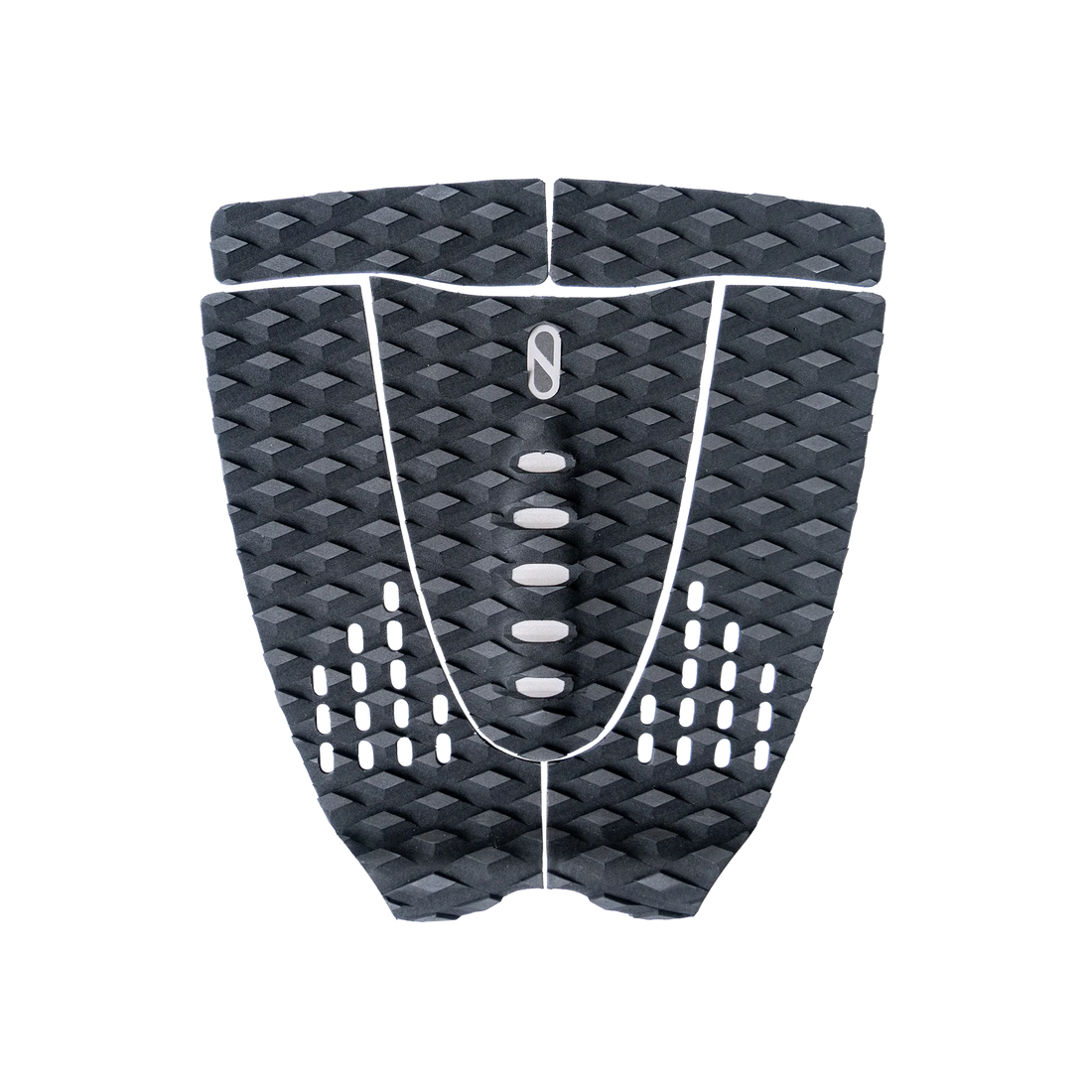 Vista frontal del grip de surf trasero Slater Designs 5 Piece Arch negro y gris, mostrando las 5 piezas simétricas, textura de diamante BLOOM, arco central con logo gris y recortes ovalados y circulares