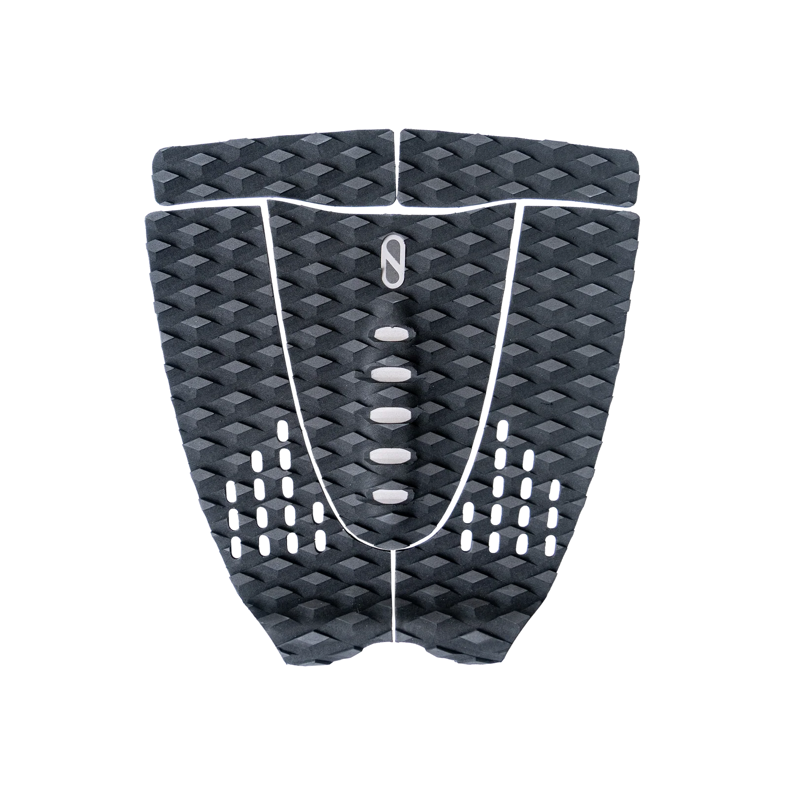 Vista frontal del grip de surf trasero Slater Designs 5 Piece Arch negro y gris, mostrando las 5 piezas simétricas, textura de diamante BLOOM, arco central con logo gris y recortes ovalados y circulares