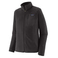 Chaqueta polar Patagonia R1 Air Fleece en color Negro, vista de perfil en plano cenital con el bolsillo de pecho, la cremallera frontal y la etiqueta Patagonia.