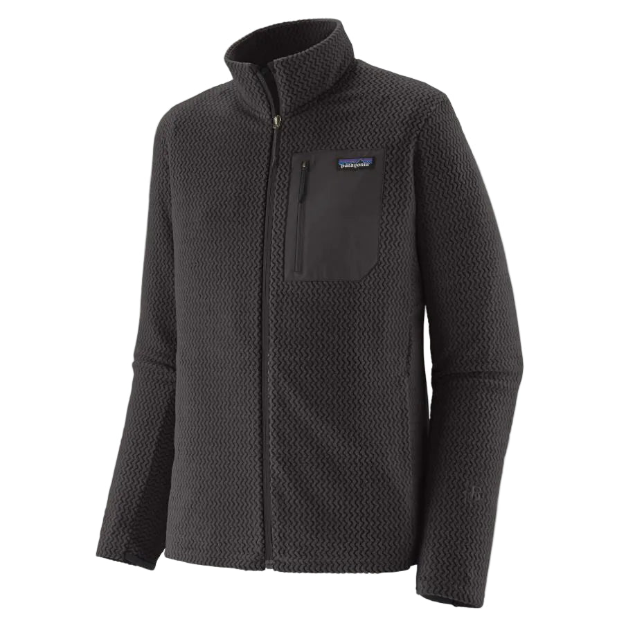 Chaqueta polar Patagonia R1 Air Fleece en color Negro, vista de perfil en plano cenital con el bolsillo de pecho, la cremallera frontal y la etiqueta Patagonia.