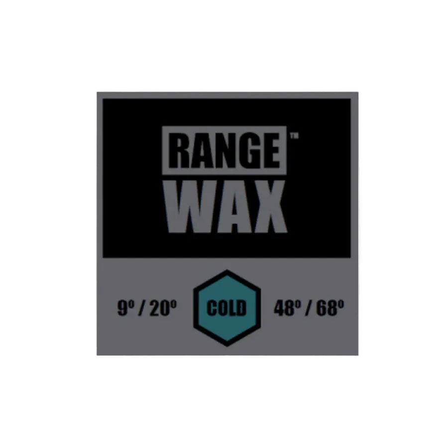 Parafina de surf Deflow Range Wax Cold en envoltorio negro y gris, indicación de temperatura 9°–20°C y etiqueta Cold en azul petróleo sobre fondo gris.