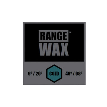 Parafina de surf Deflow Range Wax Cold en envoltorio negro y gris, indicación de temperatura 9°–20°C y etiqueta Cold en azul petróleo sobre fondo gris.