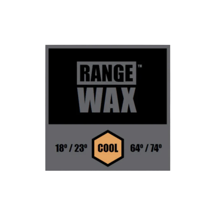 Parafina de surf Deflow Range Wax Cool en envoltorio negro y gris, indicación de temperatura 18°–23°C y etiqueta Cool en naranja sobre fondo blanco.