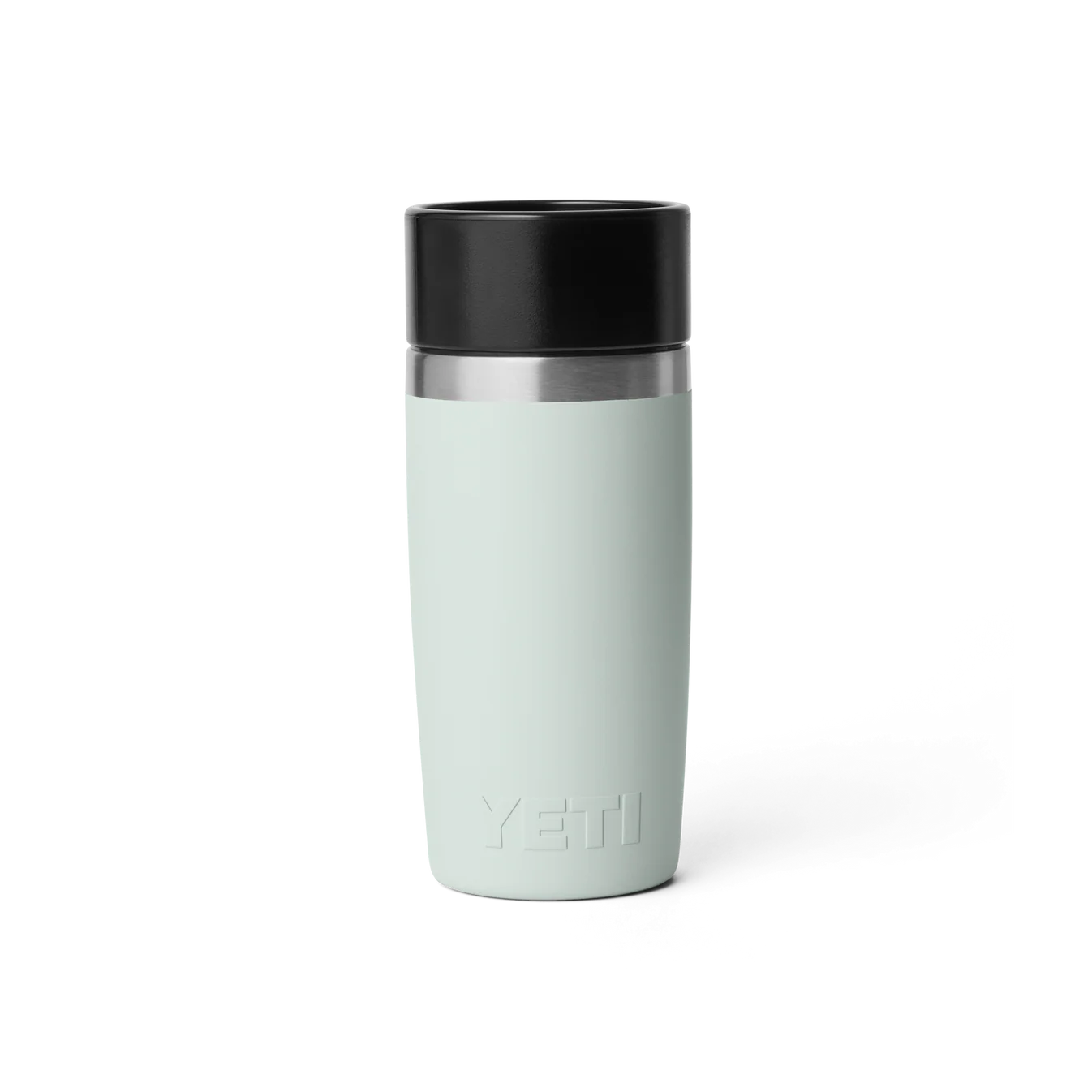 YETI Rambler 12 oz Travel Bottle color Ridgeline verde grisáceo vista trasera con logo grabado.