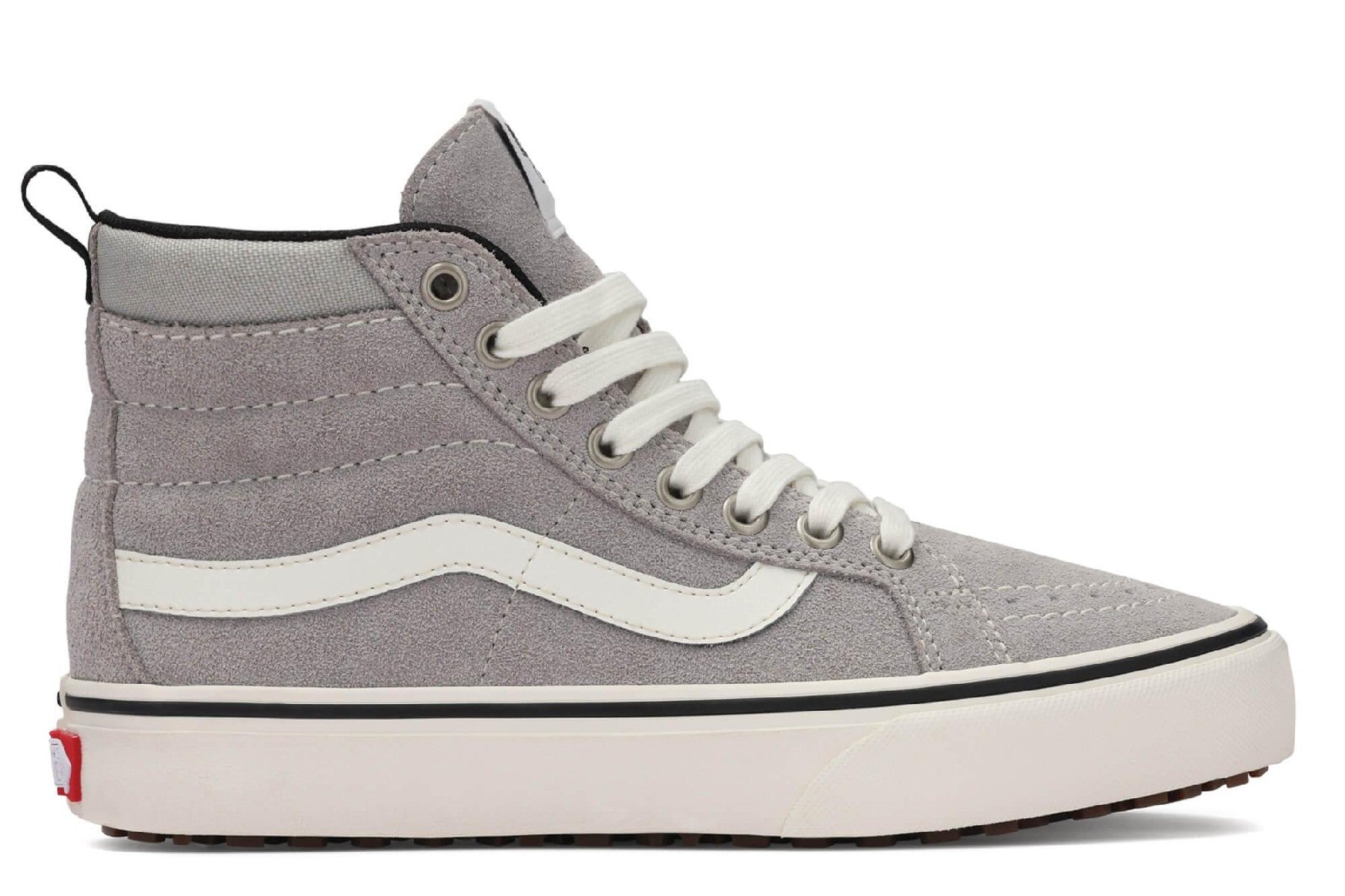 Vista lateral derecha de las Vans MTE Sk8-Hi Insulated gris Drizzle resaltando la franja lateral blanca clásica.