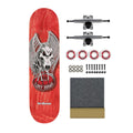 Componentes del skate Birdhouse Hawk Falcon 4: tabla roja con halcón esquelético, dos trucks plateados, cuatro ruedas blancas de anillo rojo, rodamientos, tornillos Allen negros y lija