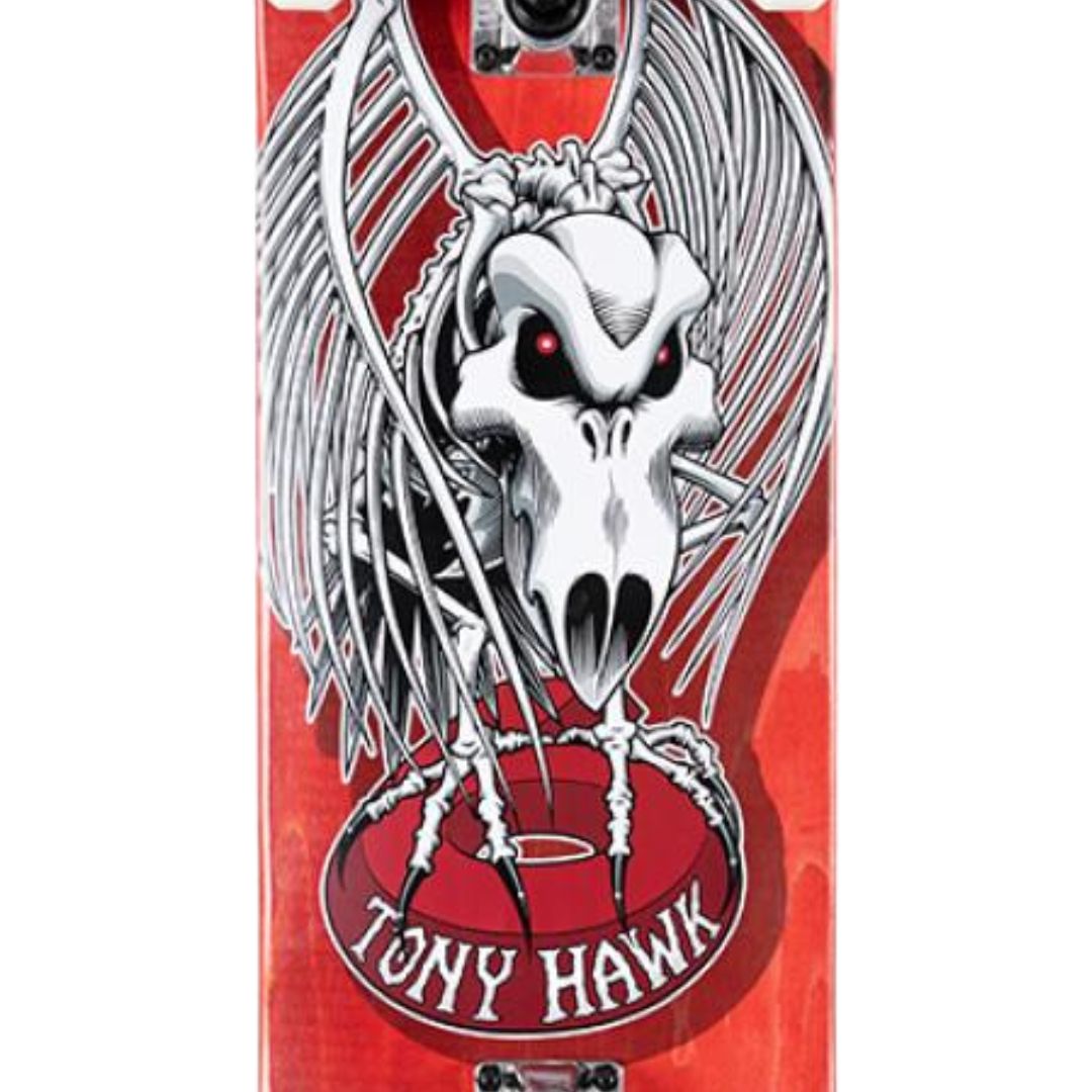 Gráfica de la base del skate Birdhouse Hawk Falcon 4 con tabla roja: esqueleto de halcón blanco y gris con ojos rojos y garras sobre un anillo rojo con el nombre Tony Hawk