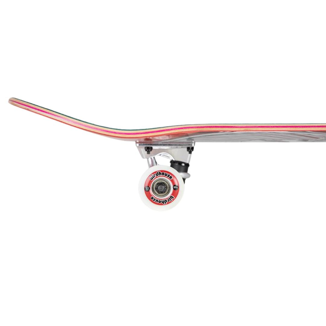Perfil del nose del skate completo Birdhouse Hawk Falcon 4 con tabla roja: kick curvado, canto de arce con capas de colores, truck plateado y rueda blanca con anillo rojo Birdhouse