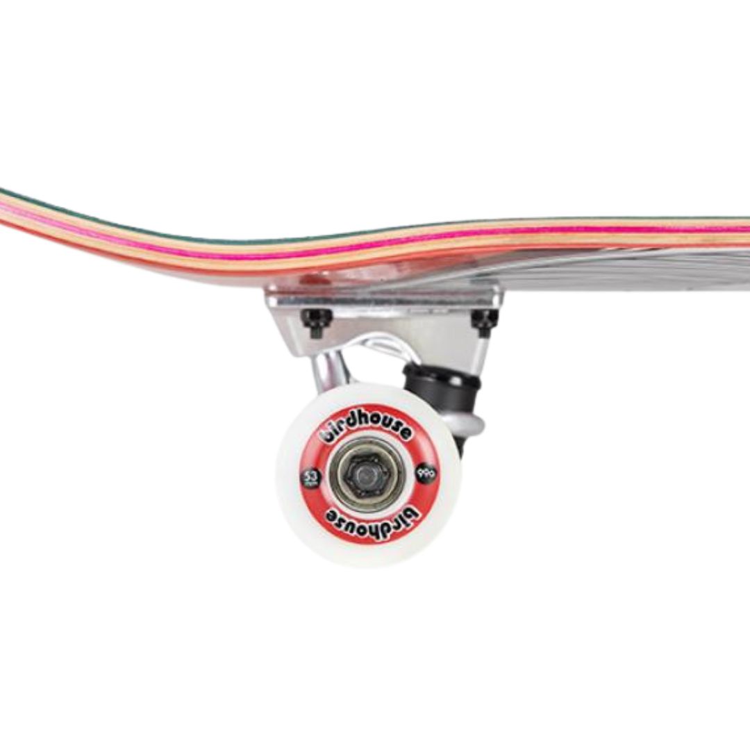 Detalle lateral de una rueda Birdhouse blanca con anillo rojo y la marca 53 mm 99A, truck plateado hueco y cantos de arce del skate completo Birdhouse Hawk Falcon 4 con tabla roja