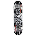 Base del skate completo Birdhouse Stage 1 Hawk Falcon III en negro, gris y blanco con el halcón esquelético de garras y alas, textos Tony Hawk y Birdhouse en rojo y trucks plateados.