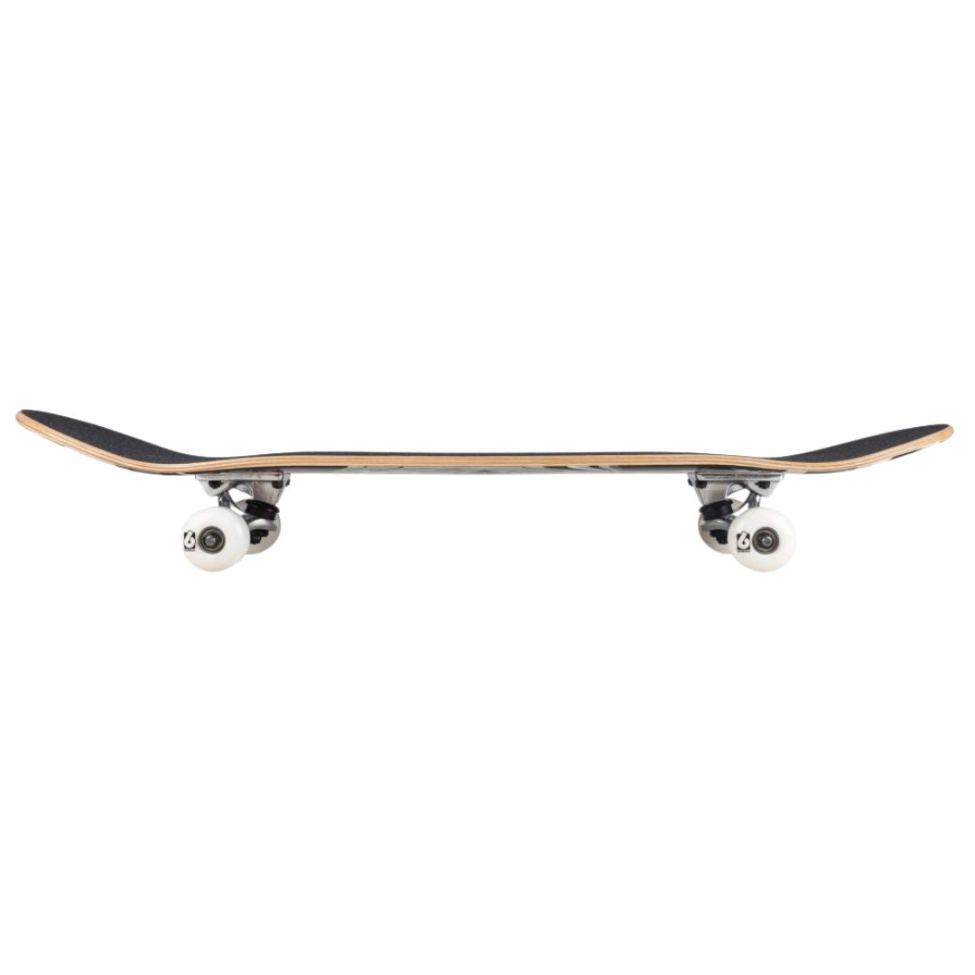 Perfil completo del skate Birdhouse Stage 1 Hawk Falcon III negro con grip, cóncavo medio, dos trucks plateados y cuatro ruedas blancas de 52 mm sobre fondo blanco, de nose a tail.