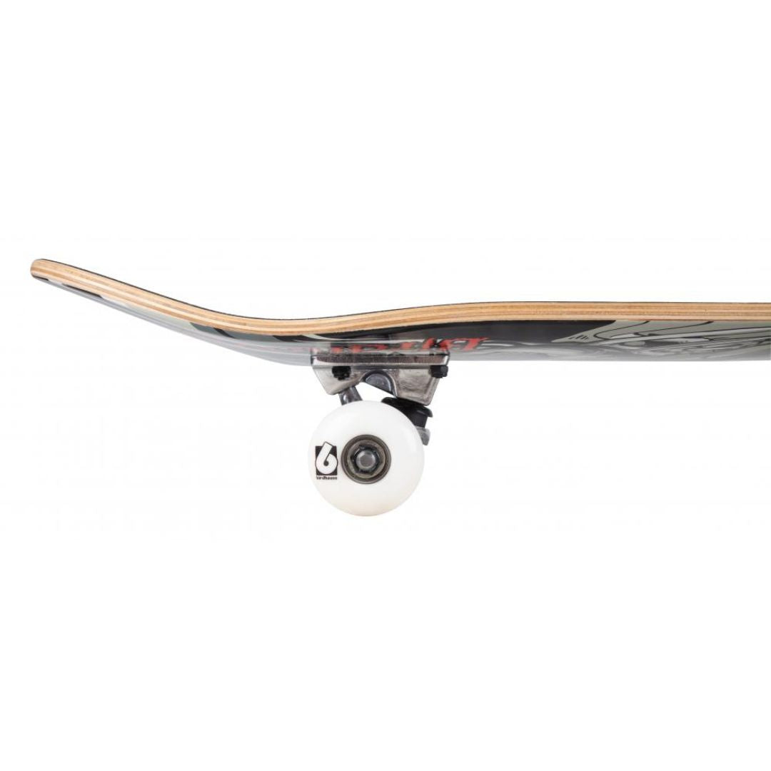 Perfil del nose del skate completo Birdhouse Stage 1 Hawk Falcon III en negro y gris: kick curvado, canto de arce de 7 capas, truck plateado y rueda blanca con el logo Birdhouse.