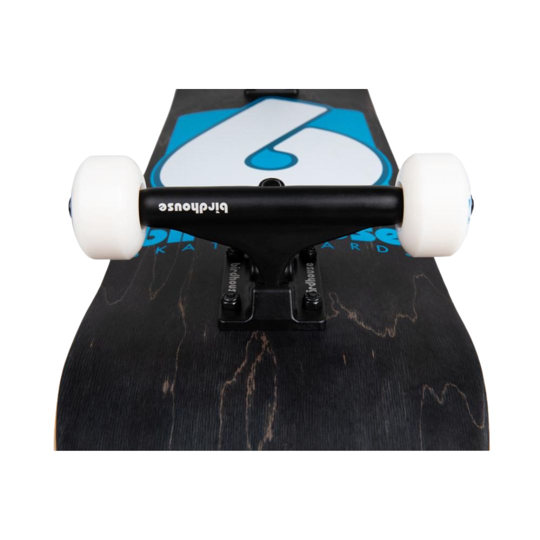 Skate completo Birdhouse Stage 3 B Logo visto desde abajo en perspectiva: truck negro de 5.25", ruedas blancas y base negra con veta de madera, gran B blanca y azul y logotipo Birdhouse