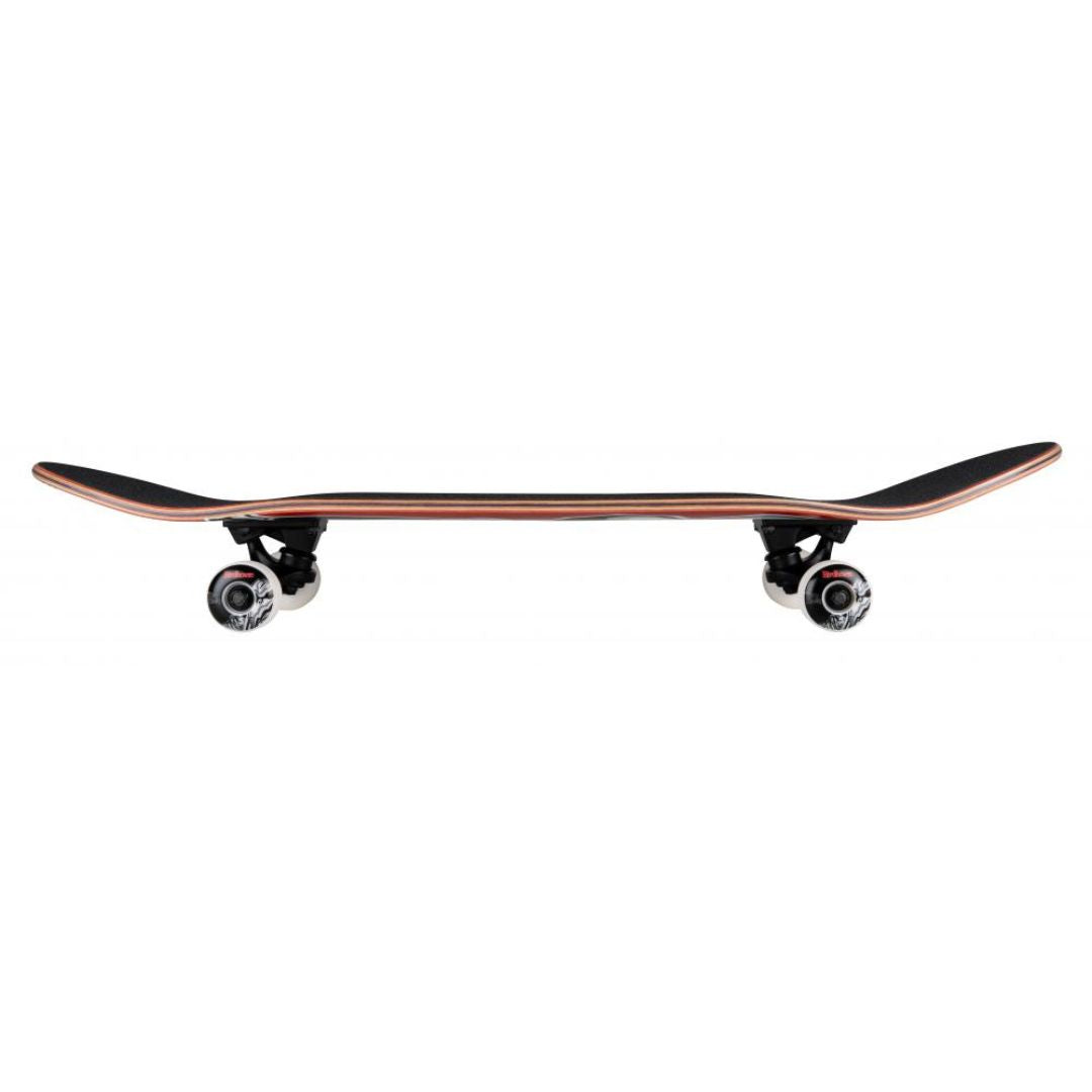 Perfil completo del skate Birdhouse Stage 3 Hawk Falcon 2 con tabla roja de capas de arce, lija negra, dos trucks negros y cuatro ruedas blancas de 52 mm sobre fondo blanco