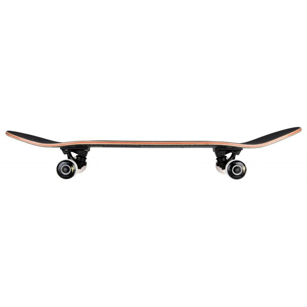 Perfil completo del skate Birdhouse Stage 3 Hawk Plague Doctor negro con grip, nose y tail curvados, canto de arce con veta roja, dos trucks negros y cuatro ruedas sobre fondo blanco