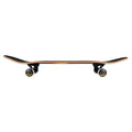 Perfil completo del skate Birdhouse Stage 3 Sunset negro con grip, nose y tail curvados, canto de arce con veta de colores, dos trucks negros y ruedas con rayas rojas, amarillas y verdes