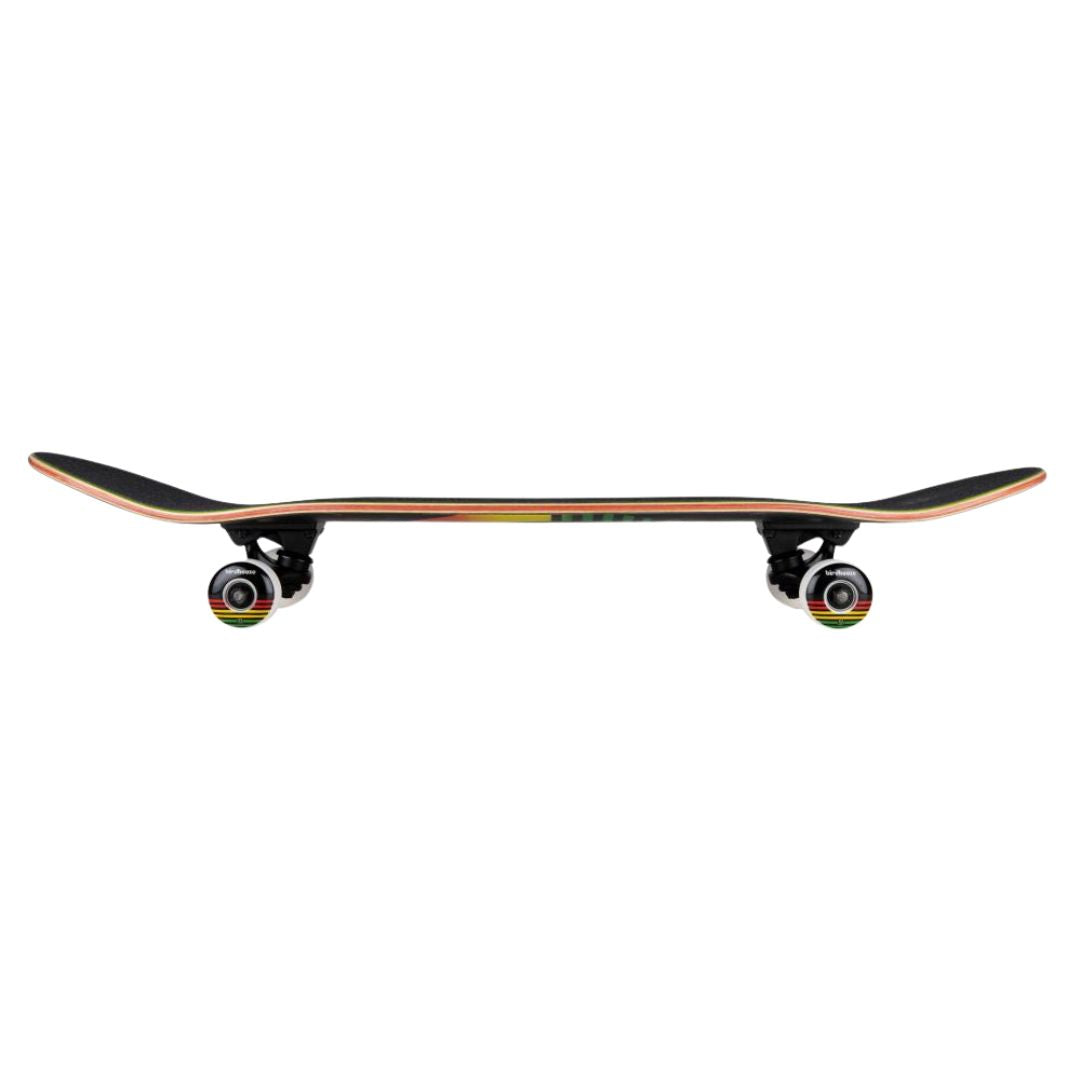Perfil completo del skate Birdhouse Stage 3 Sunset negro con grip, nose y tail curvados, canto de arce con veta de colores, dos trucks negros y ruedas con rayas rojas, amarillas y verdes