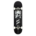 Base completa del skate Birdhouse Stage 1 Hawk Crest en negro, blanco y gris con la calavera de ave y la cruz de hierro, trucks plateados, ruedas blancas y logo Birdhouse