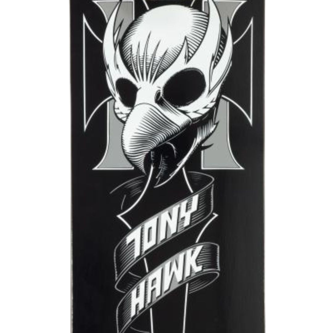 Gráfica de la base del skate Birdhouse Stage 1 Hawk Crest: calavera de ave en blanco sobre cruz de hierro gris, con el cartel Tony Hawk en blanco sobre fondo negro