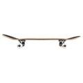 Perfil completo del skate Birdhouse Stage 1 Hawk Crest negro con grip, nose y tail curvados, dos trucks plateados y cuatro ruedas blancas de 52 mm sobre fondo blanco